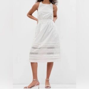 GAP Lace Cross Back‎ Lined 100% Cotton Midi Dress in White size Large TALL